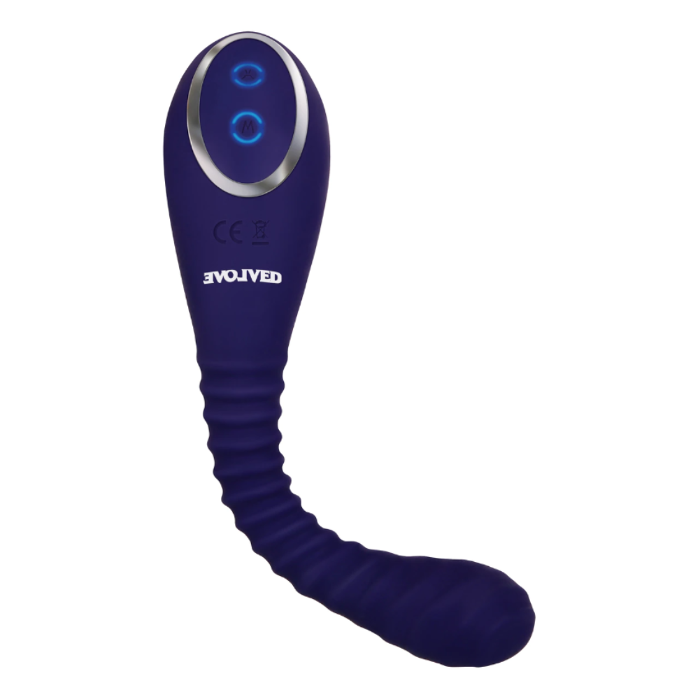 A purple bendable silicone suction vibrator with two blue illuminated buttons.