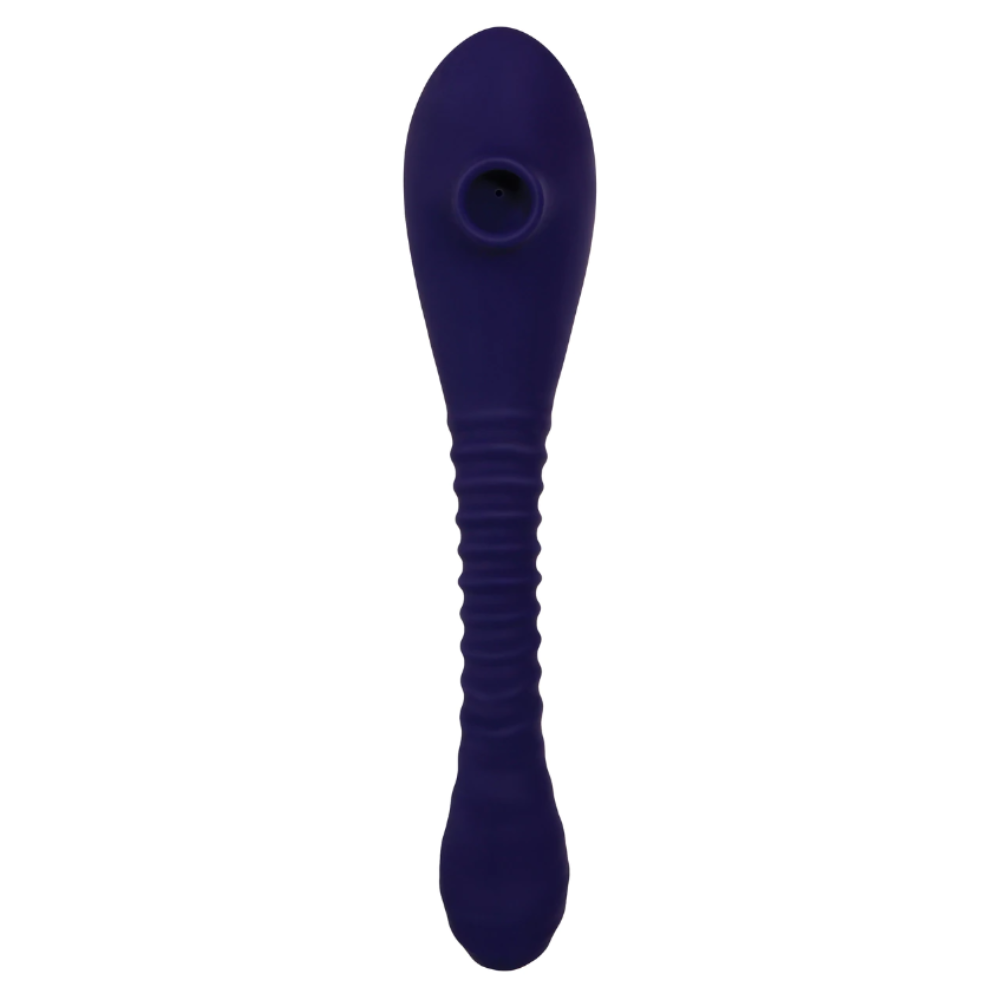 A purple silicone suction vibrator with a ribbed shaft.