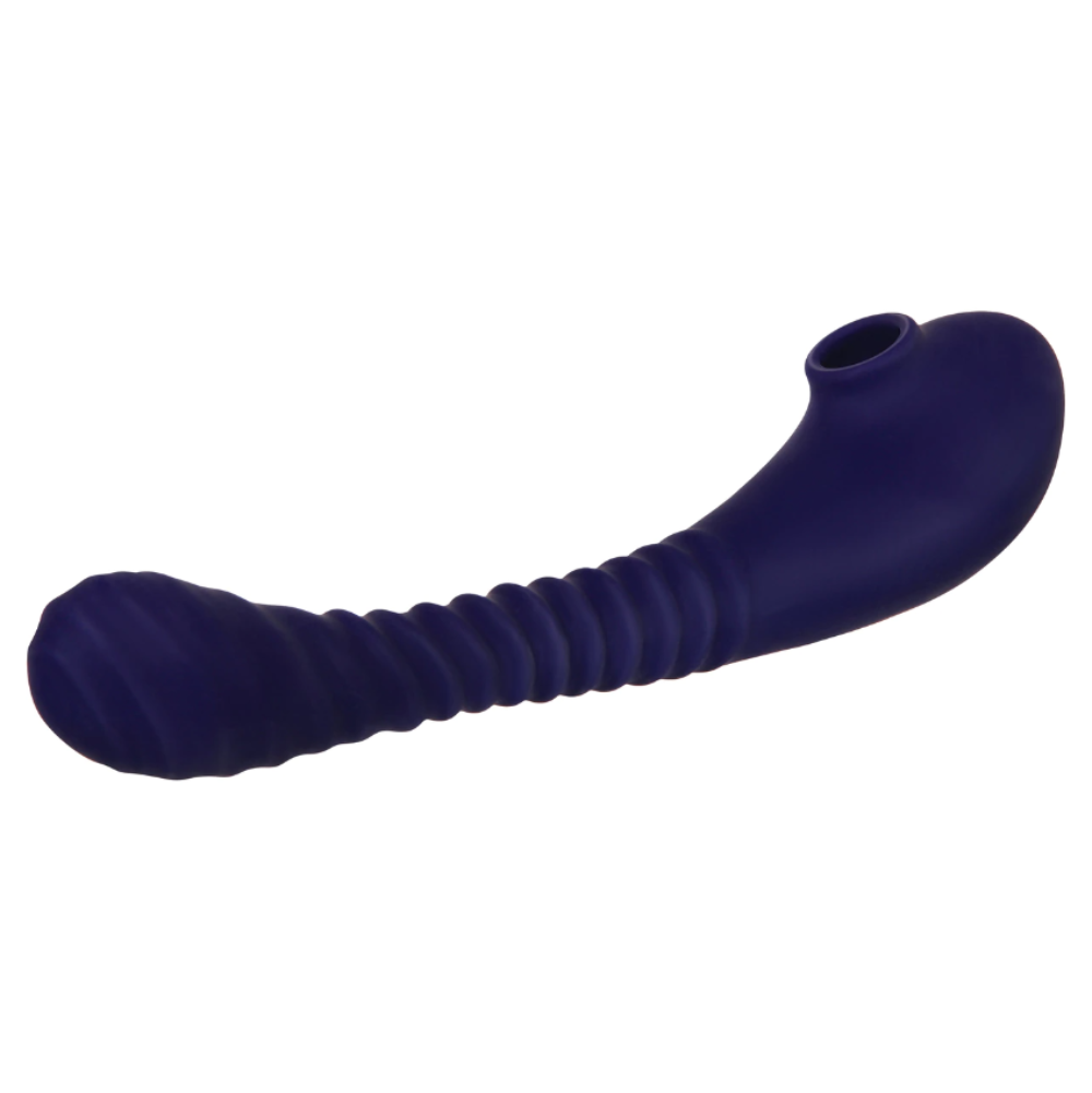 A purple, curved silicone vibrator with a ribbed shaft and suction opening.