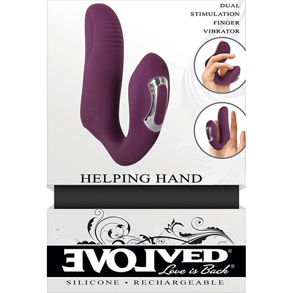 Purple dual motor finger vibrator with "Helping Hand" branding.