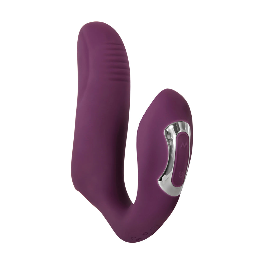 A purple dual motor finger vibrator with silver control buttons.
