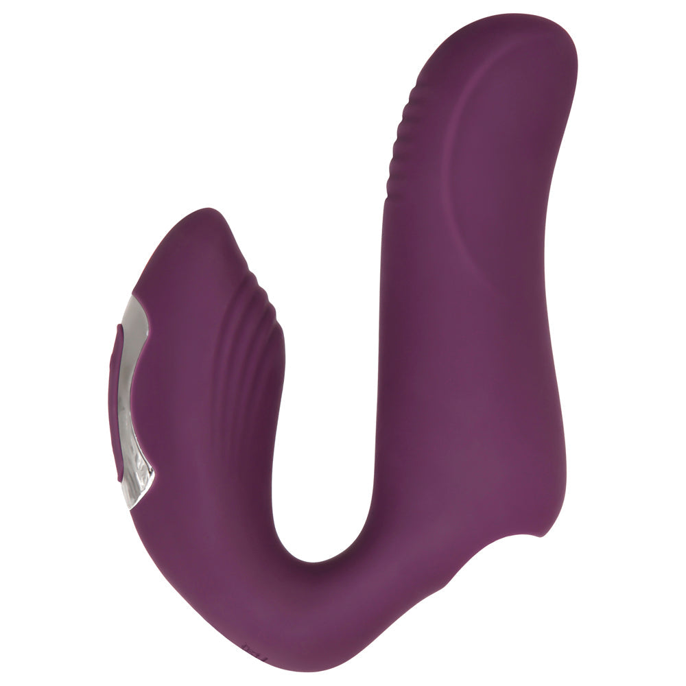 A purple dual motor finger vibrator with a curved design and silver accents.