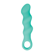 A teal silicone vibrator with a wavy shaft and a finger ring.