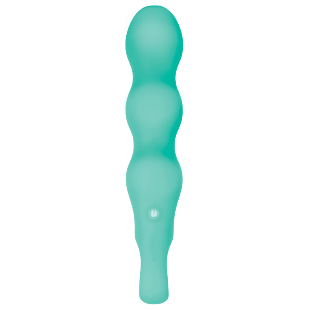 A teal silicone vibrator with three bulbous sections and a power button.