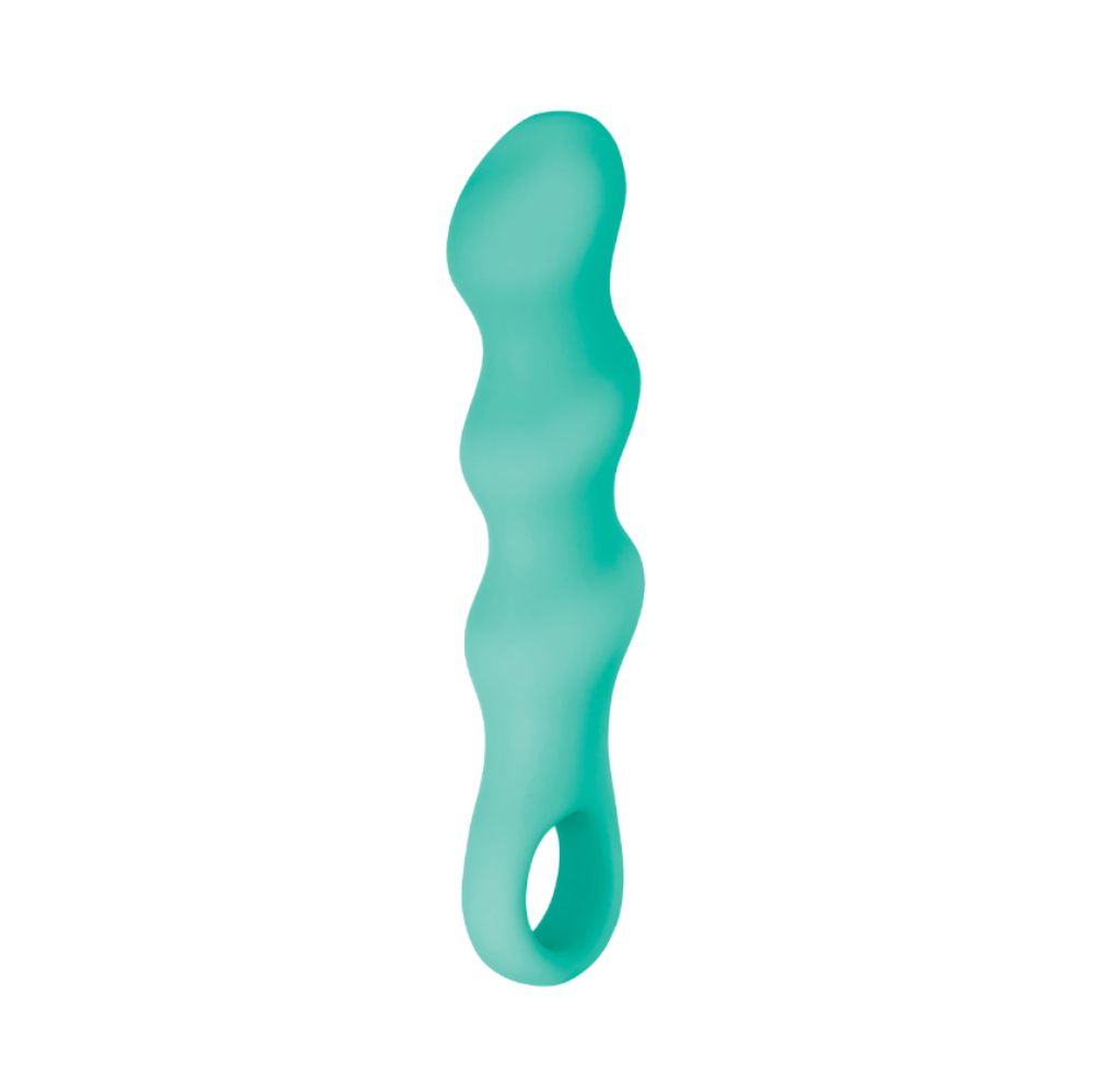 A teal, wavy silicone vibrator with a loop handle.