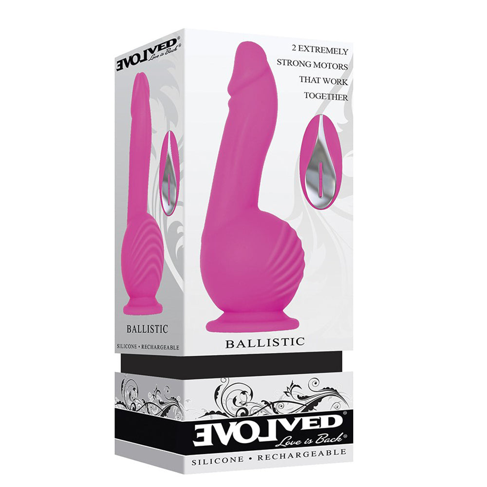 Pink Ballistic silicone personal massager with two strong motors.