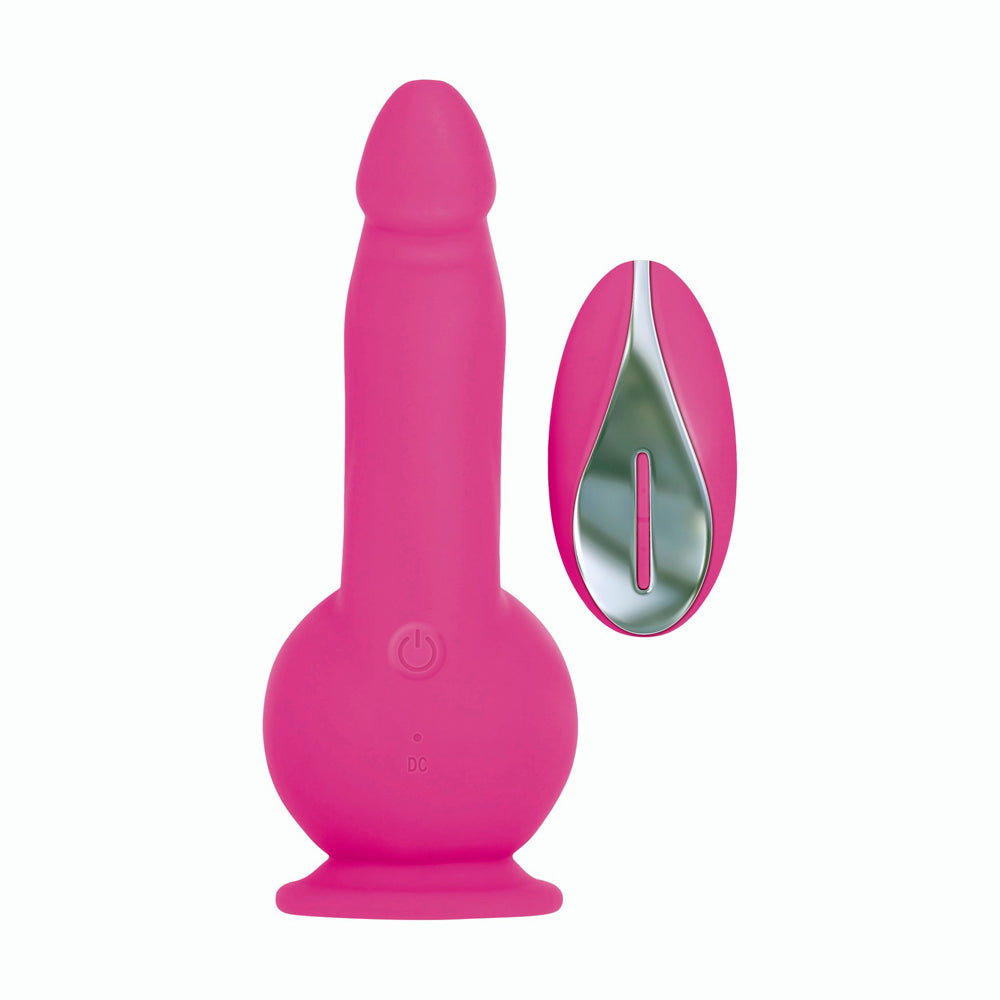 Pink silicone personal massager with a remote control.