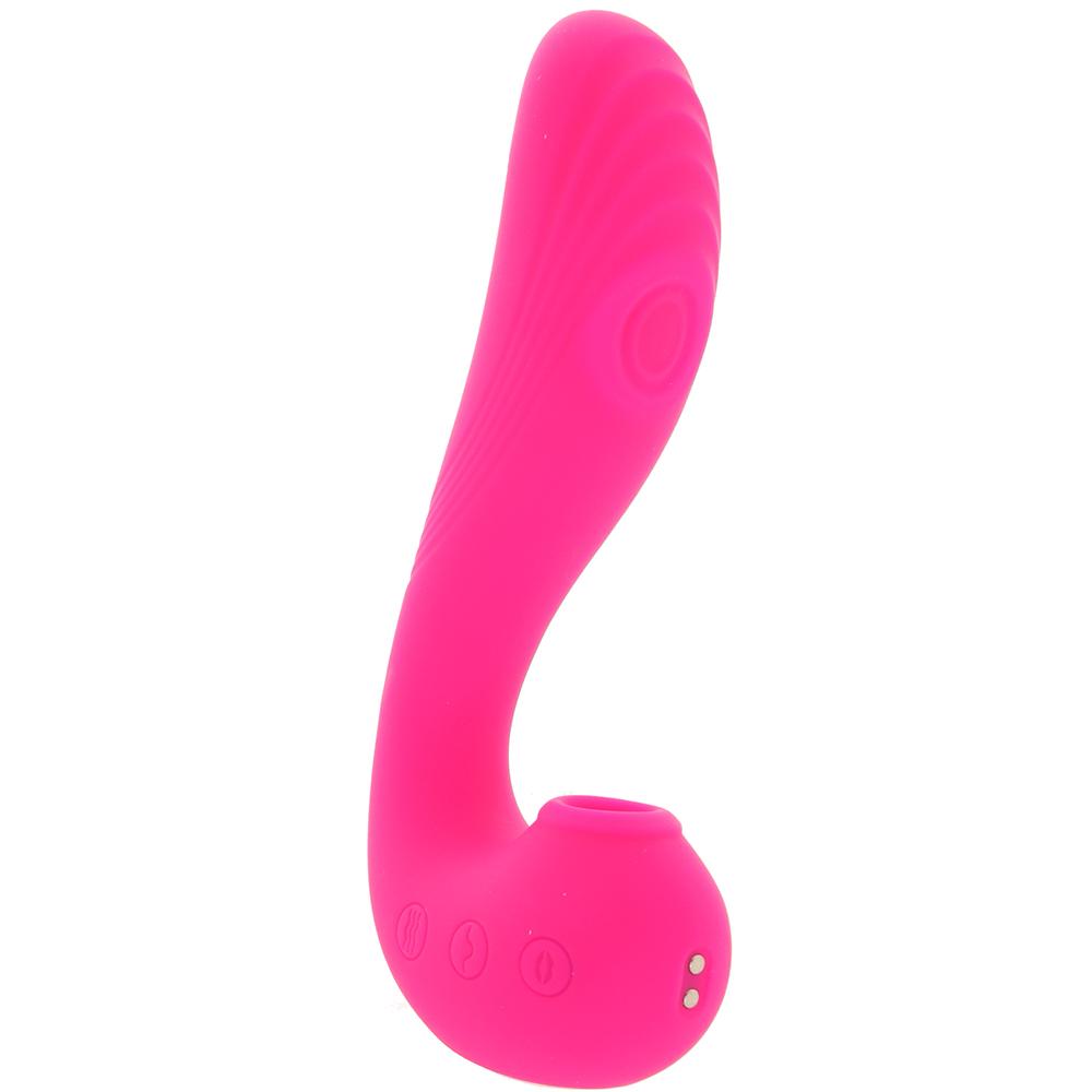 A pink rechargeable G-spot rabbit vibrator with a curved shaft and buttons.