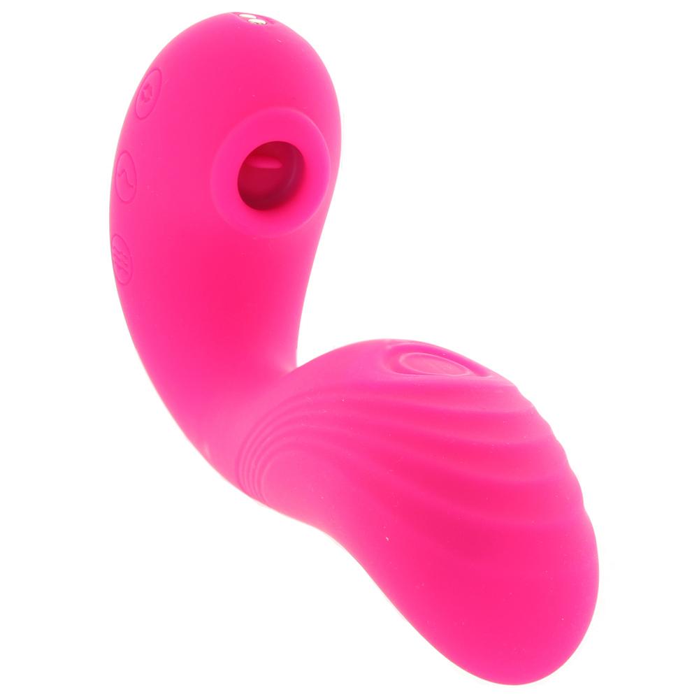 A pink rechargeable G-spot rabbit vibrator with a curved shaft.
