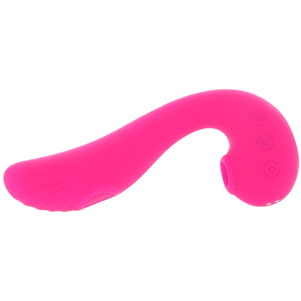 Pink curved vibrator with three circular buttons.