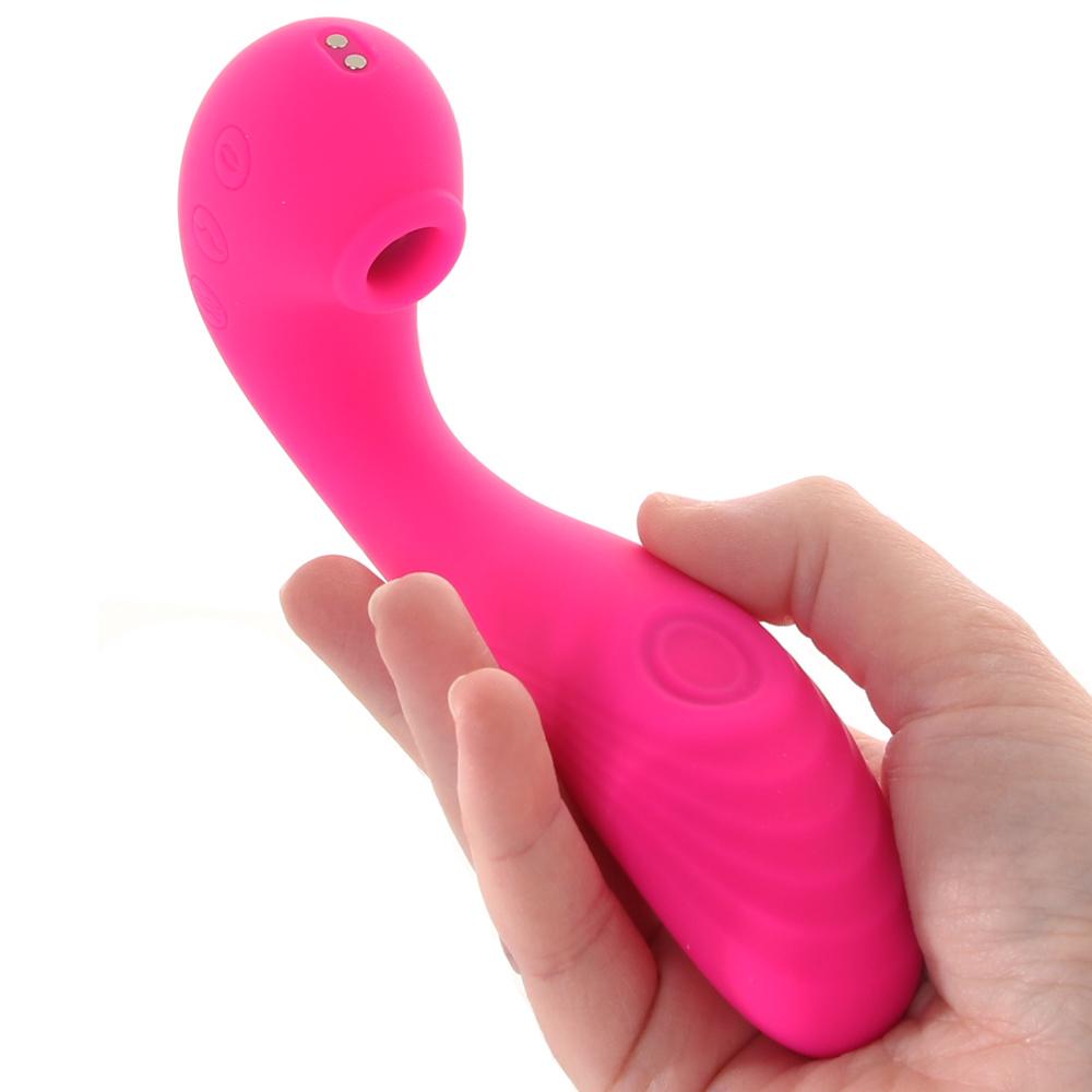 A pink rechargeable vibrator with a curved shaft and a textured tip.