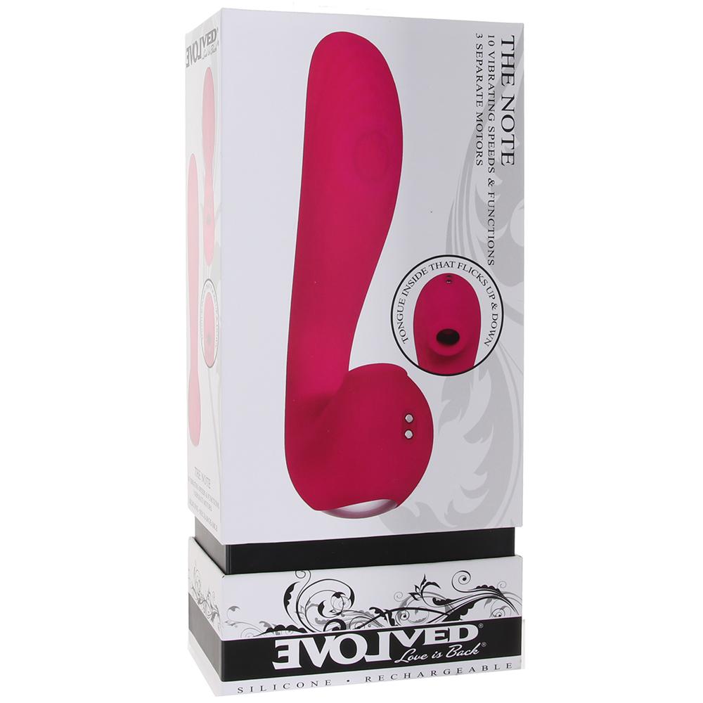 Pink rechargeable vibrator with a thumping shaft and tongue stimulator on a box.
