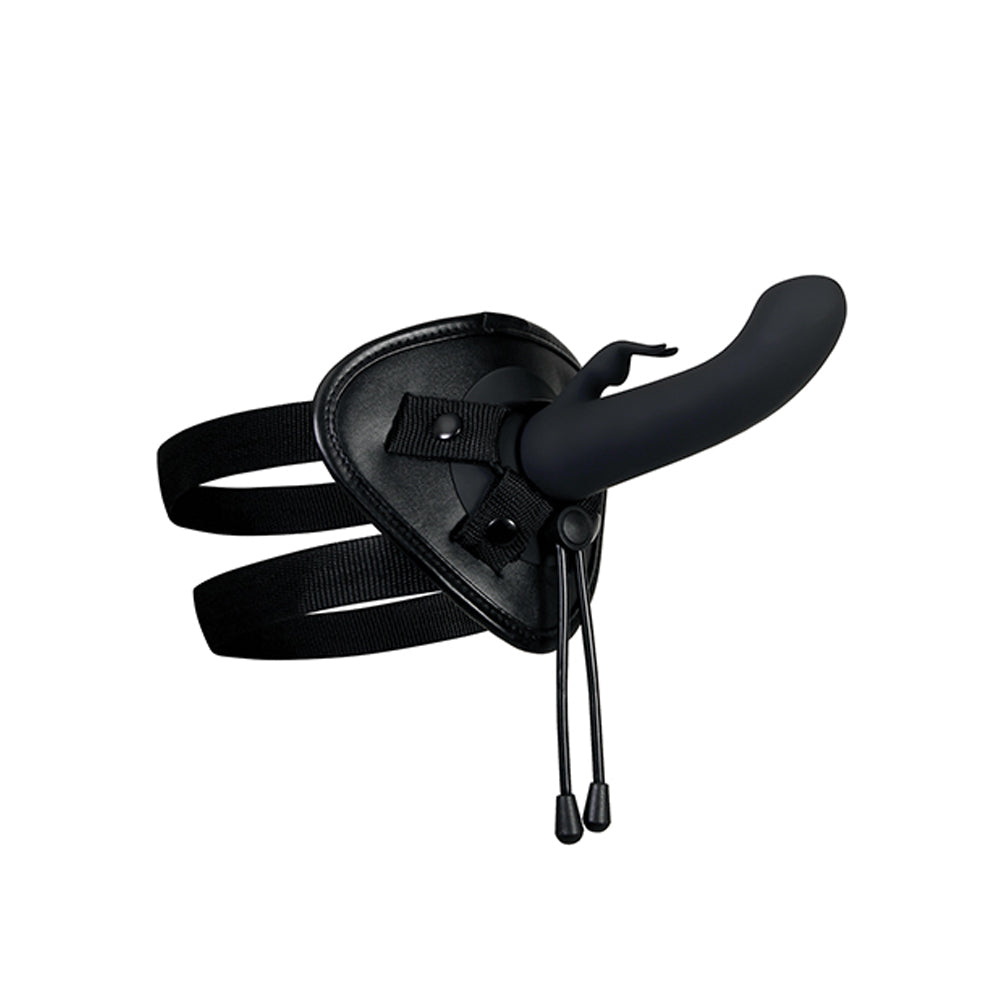 Black adjustable body harness with a curved black attachment.