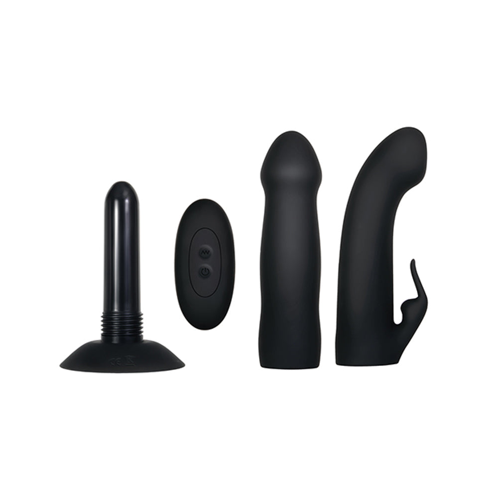 Black sex toys including a remote, a suction cup toy, and two curved toys.
