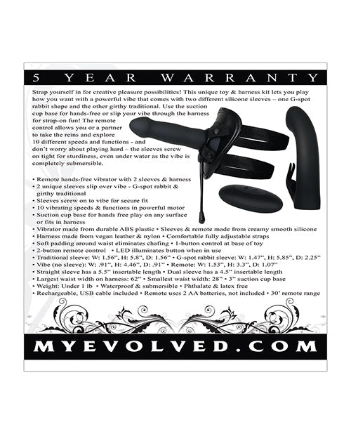 Black vibrator with harness, remote, and silicone sleeves.