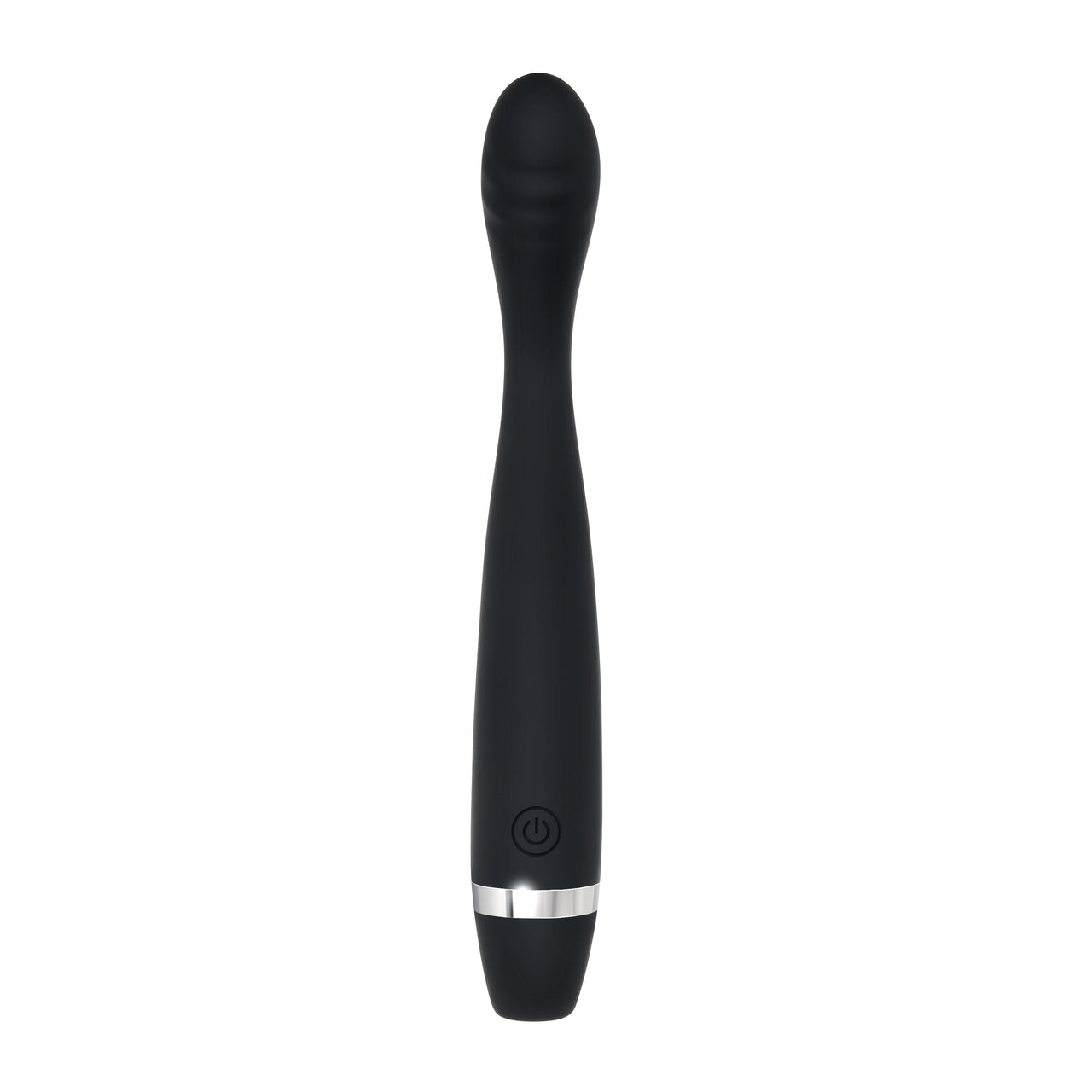 Black skinny G-spot vibrator with a power button and silver band.