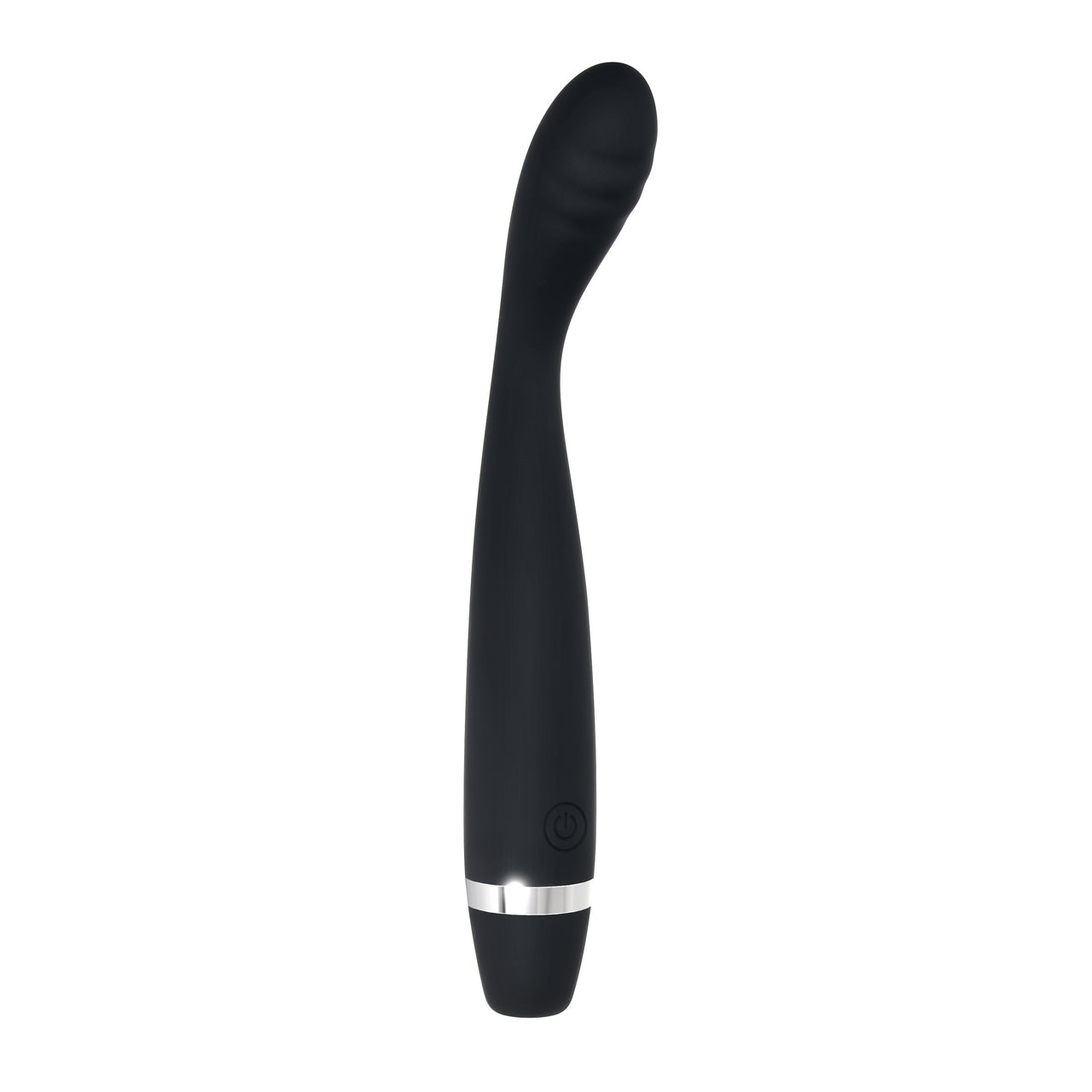 Black skinny G-spot vibrator with a curved tip and power button.