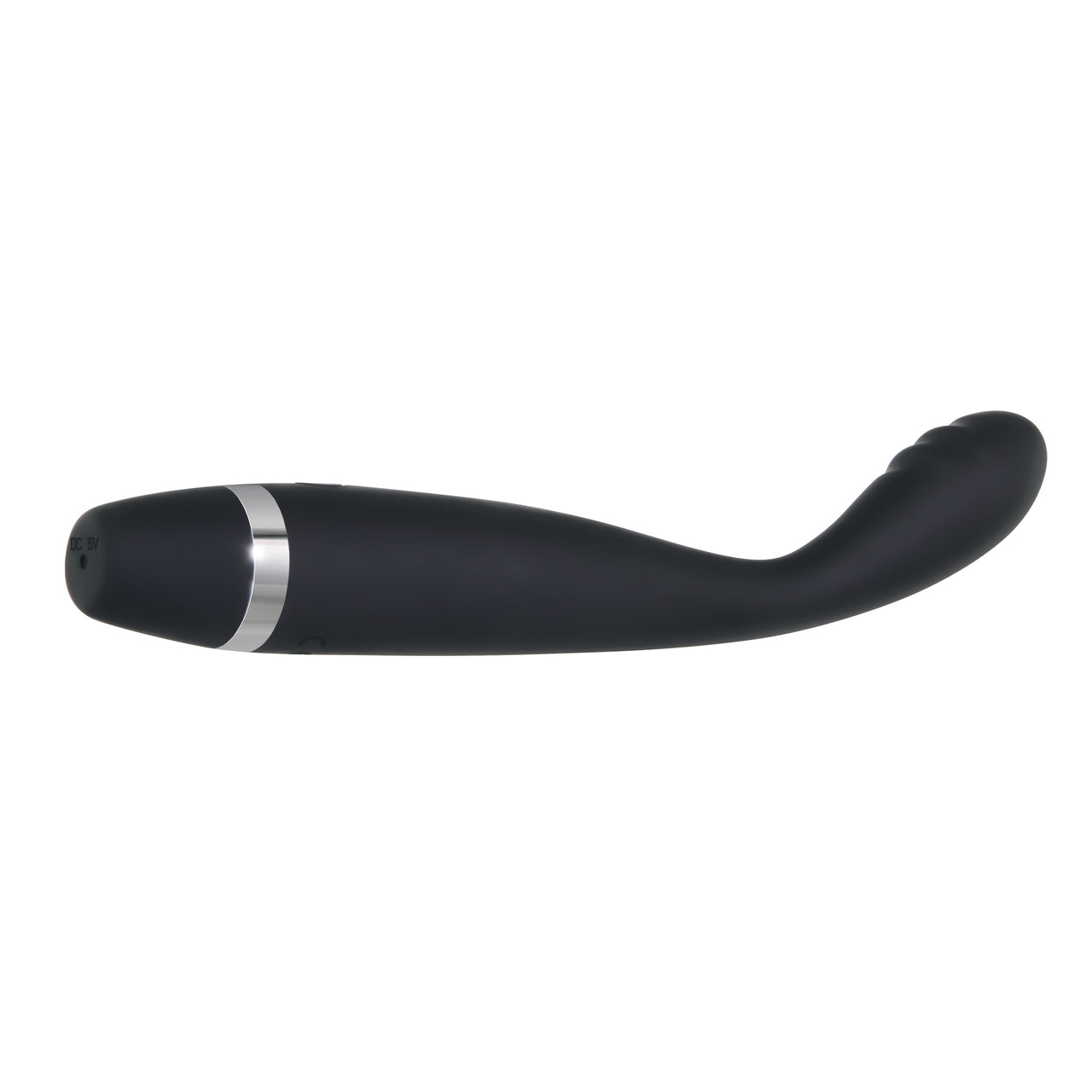 Black curved silicone vibrator with a silver band and textured tip.