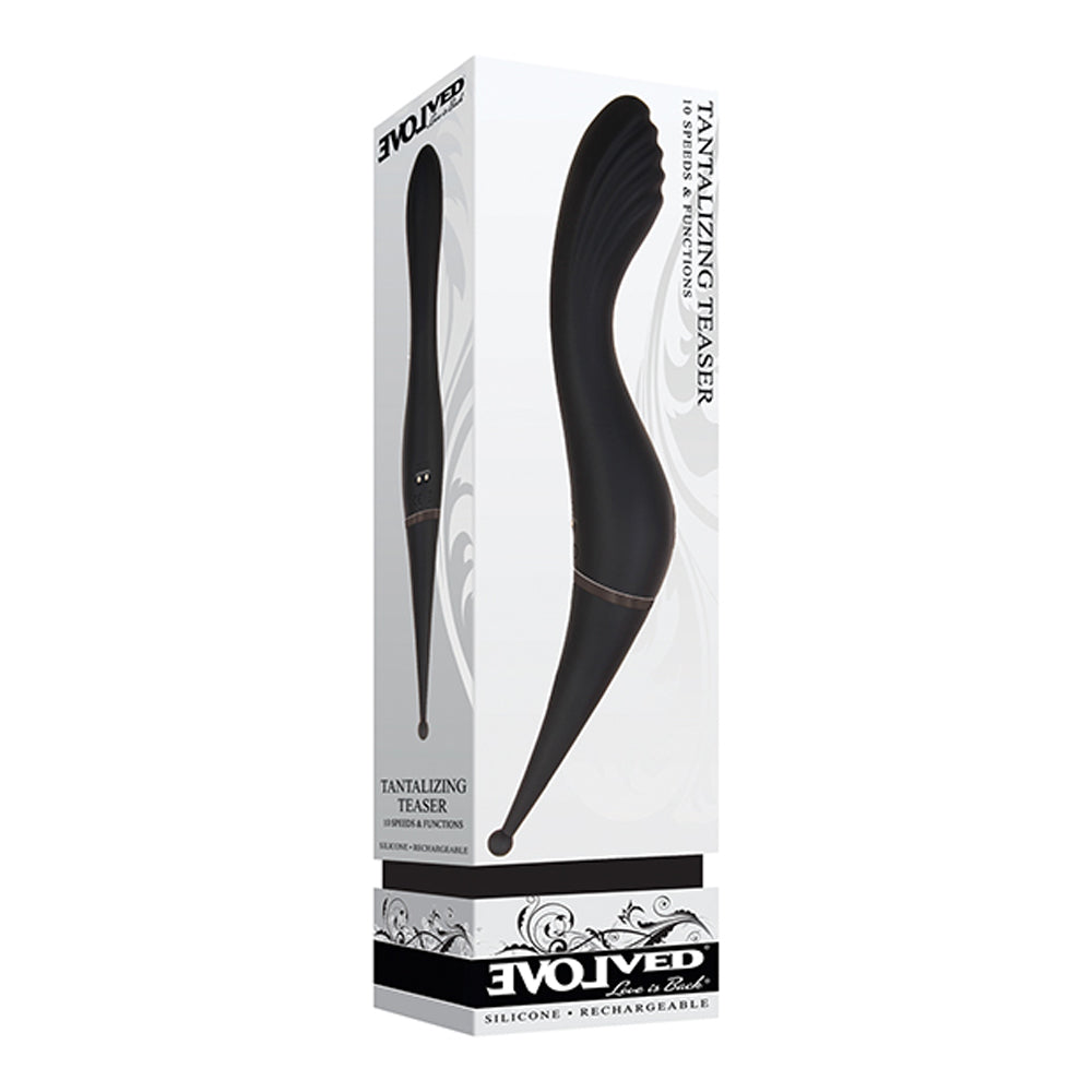 Dual-ended black vibrator on its packaging.