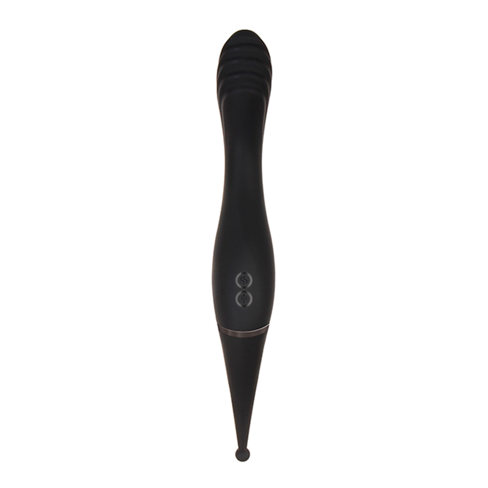 A black dual-ended vibrator with ribbed texture at the top and a pointed tip.