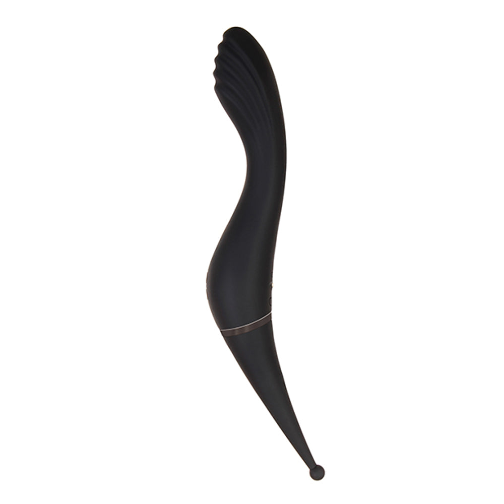 Black dual-ended vibrator with a curved, ribbed top and a pointed tip.