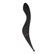 Black dual-ended vibrator with a curved, ribbed top and a pointed tip.