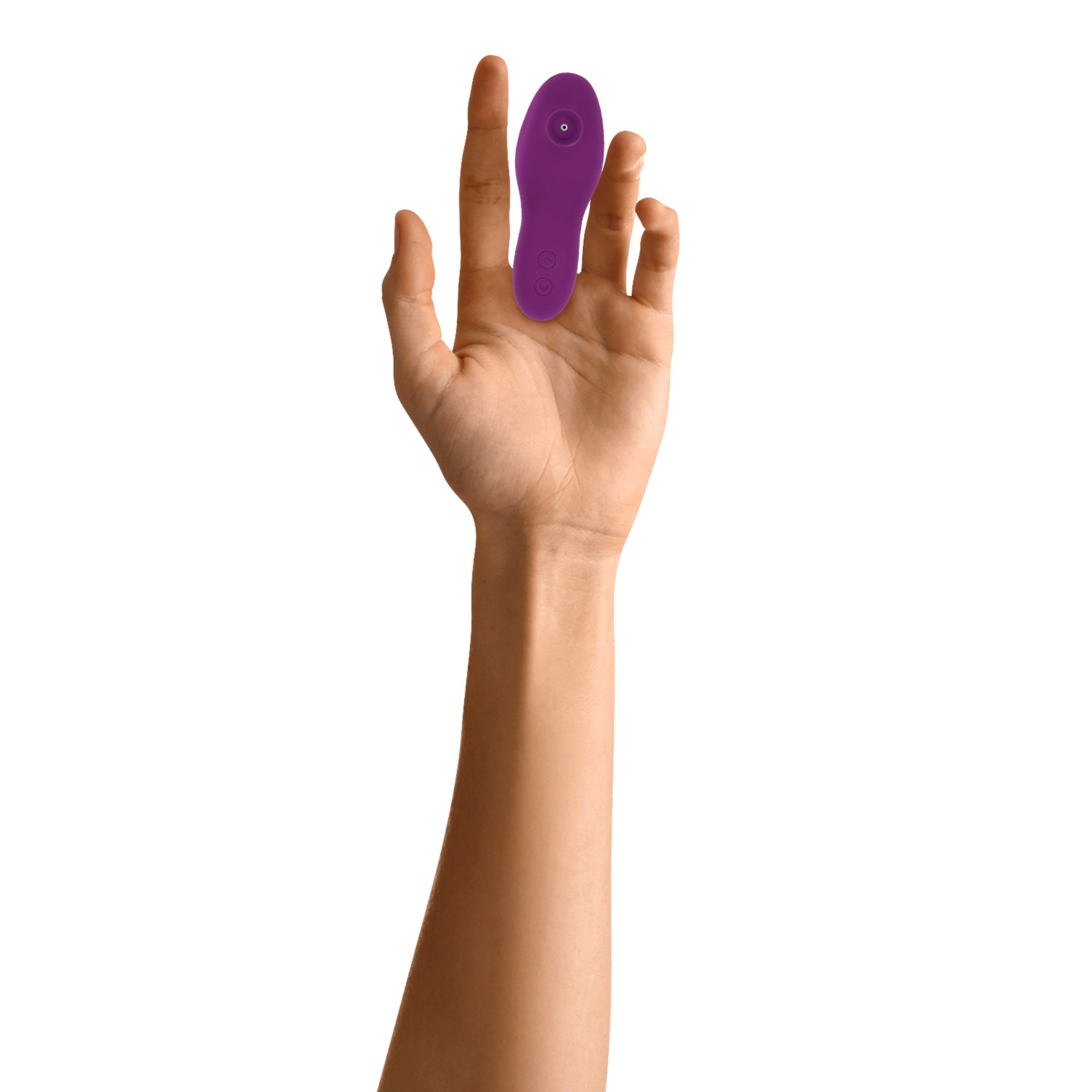Purple rechargeable finger vibe held on an open palm.