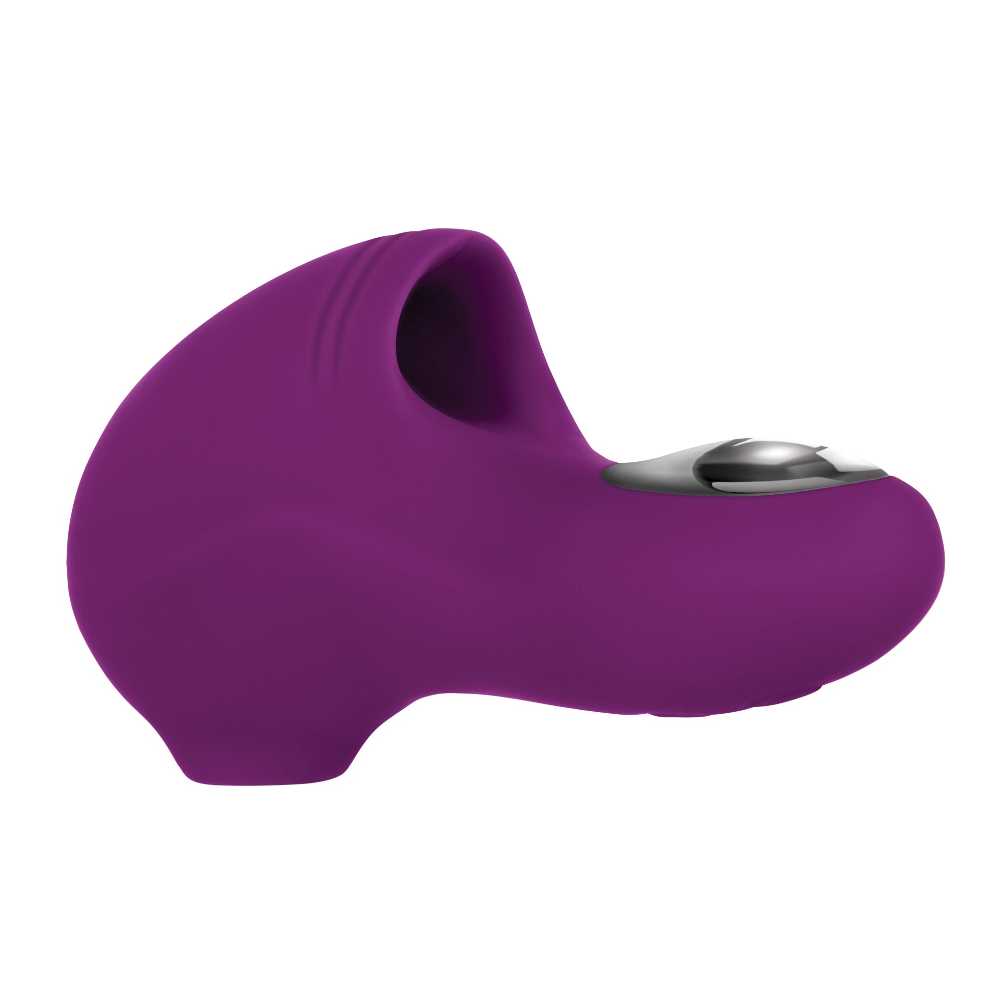 A purple rechargeable finger vibe with a silver control button.