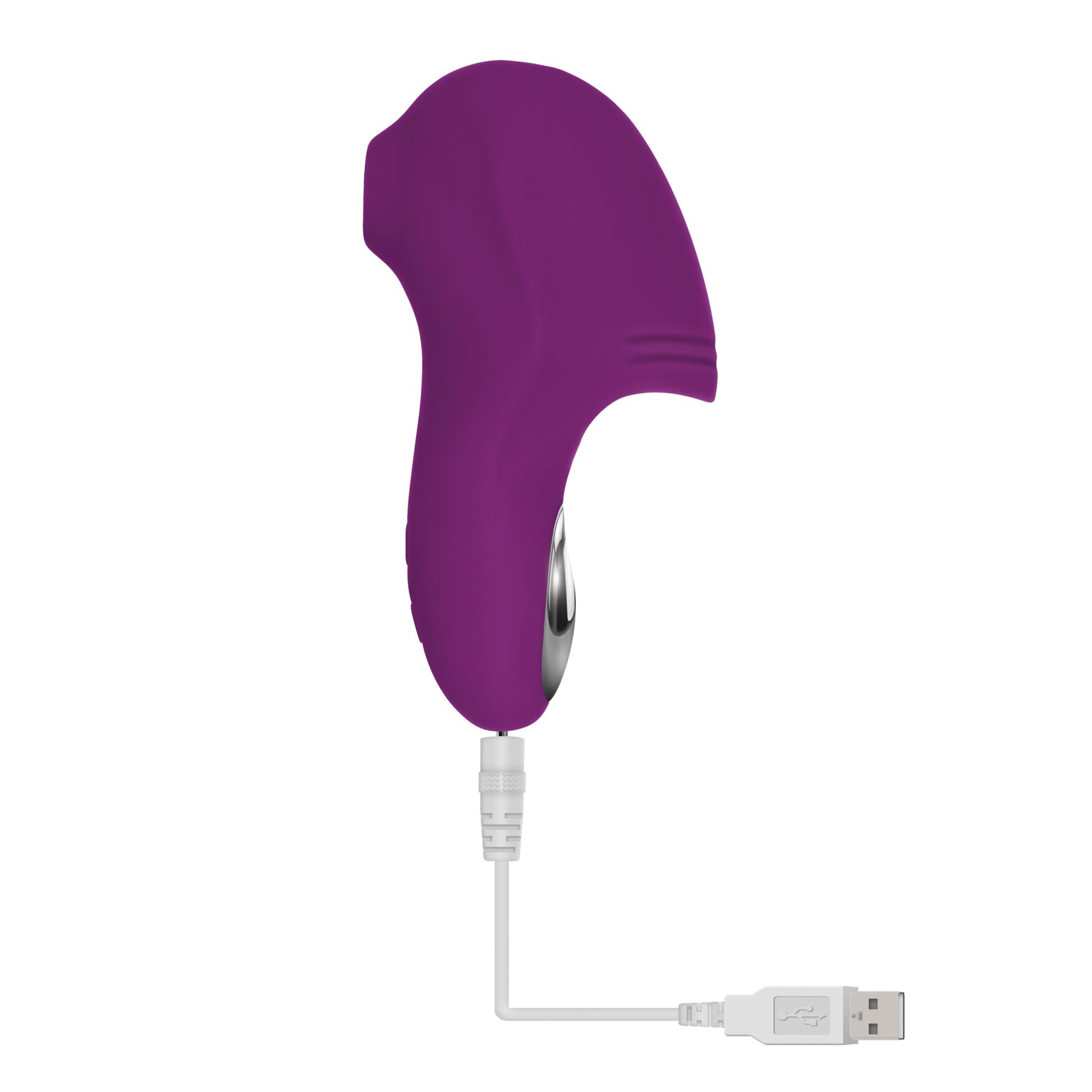 Purple rechargeable finger vibe with USB charging cable.