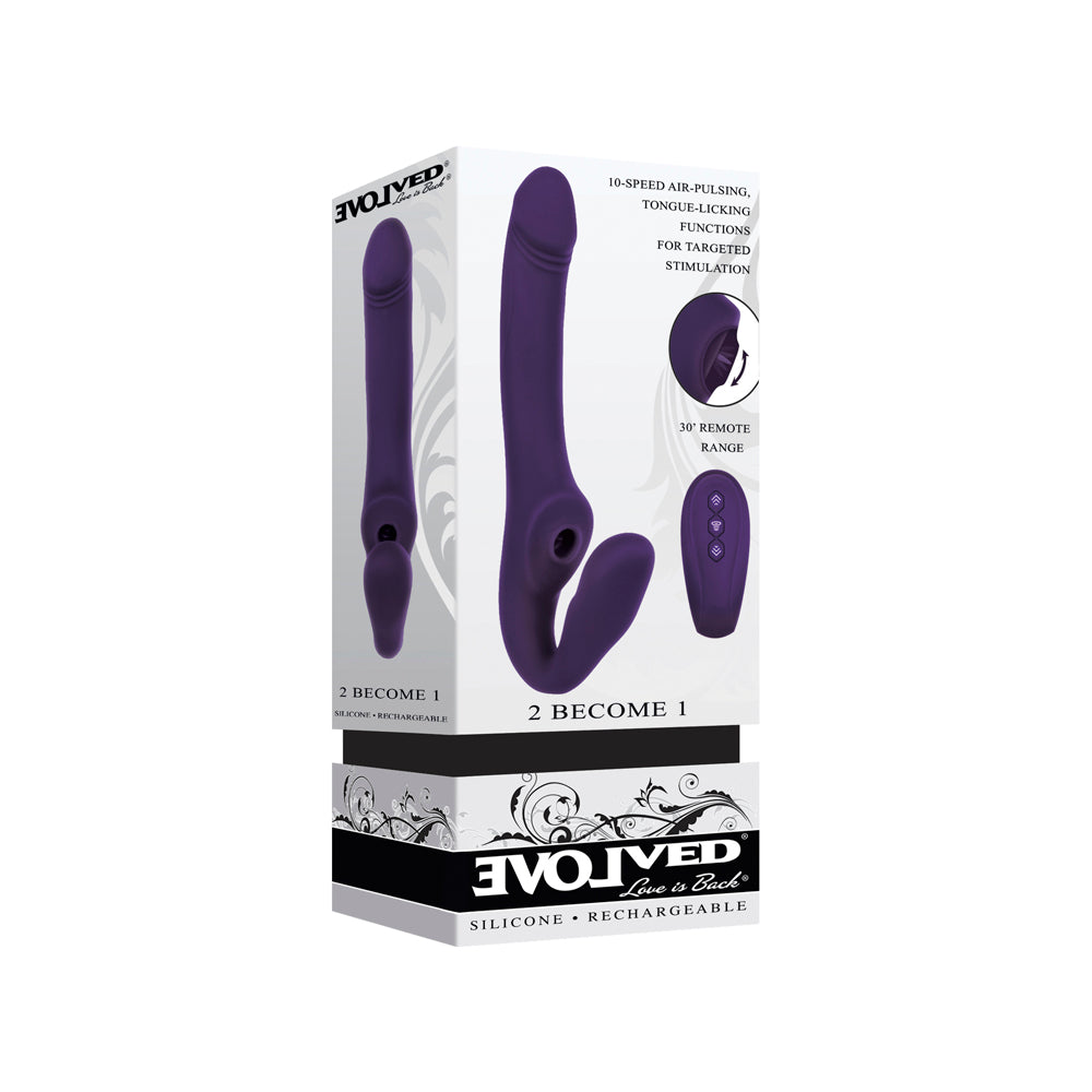 Purple silicone strap-on vibrator with remote control and air-pulsing functions.