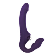 Purple silicone strapless strap-on vibrator with remote control and dual shafts.