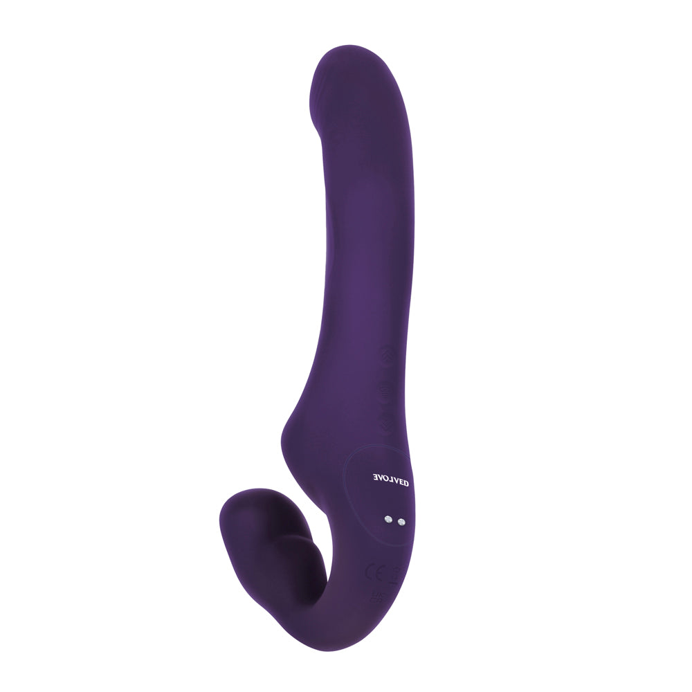 Purple silicone strap-on vibrator with a curved design and two control buttons.