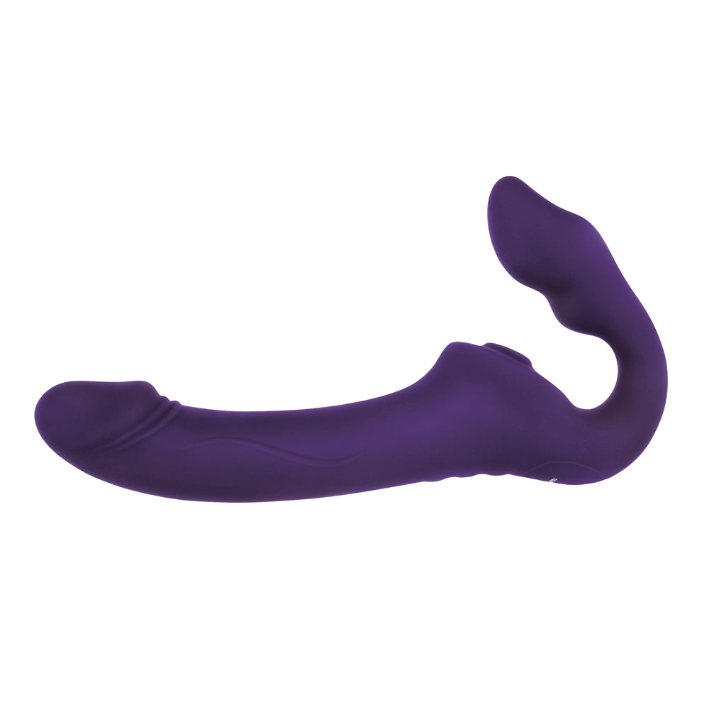 A purple silicone vibrator with a curved shaft and a raised tip.