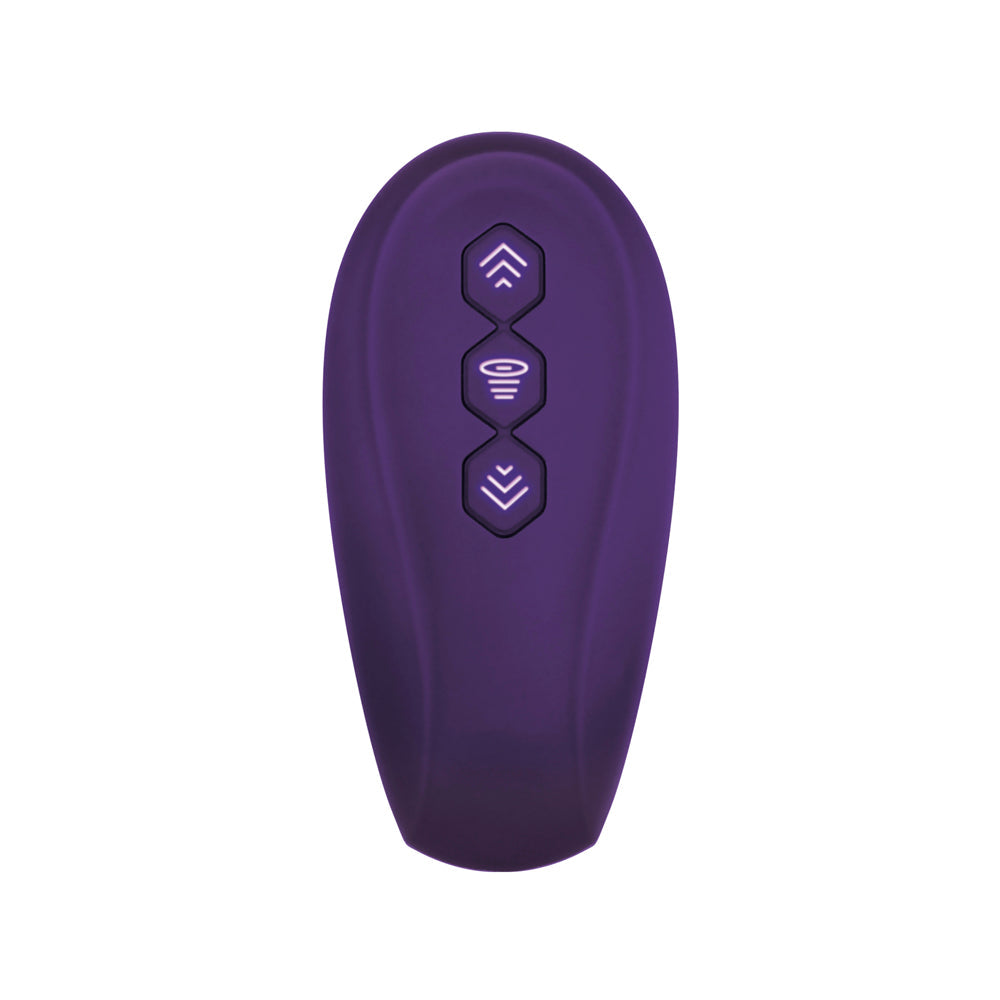 A purple remote control with three buttons featuring arrow and wave icons.
