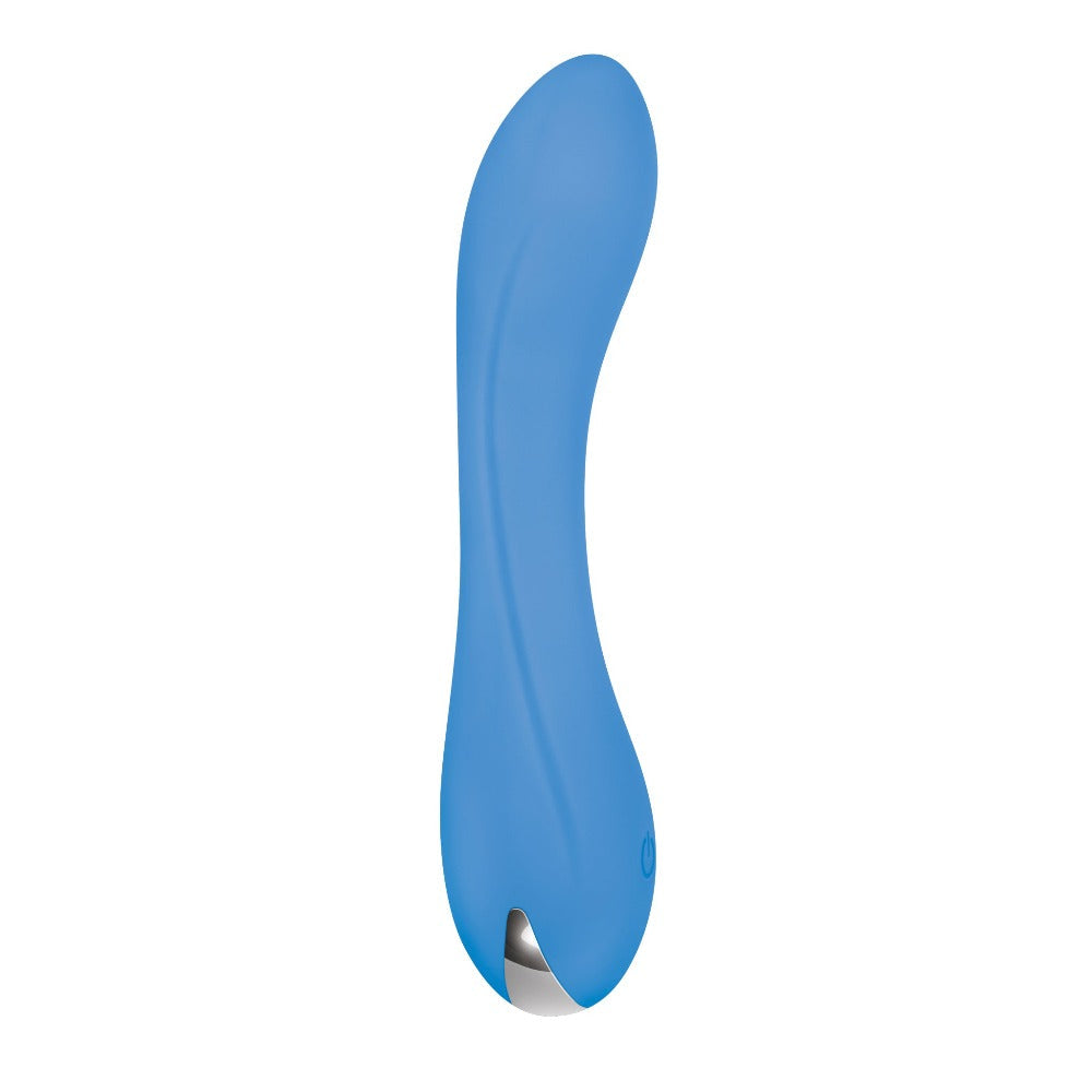 A blue silicone G-spot vibrator with a curved shaft and silver tip.