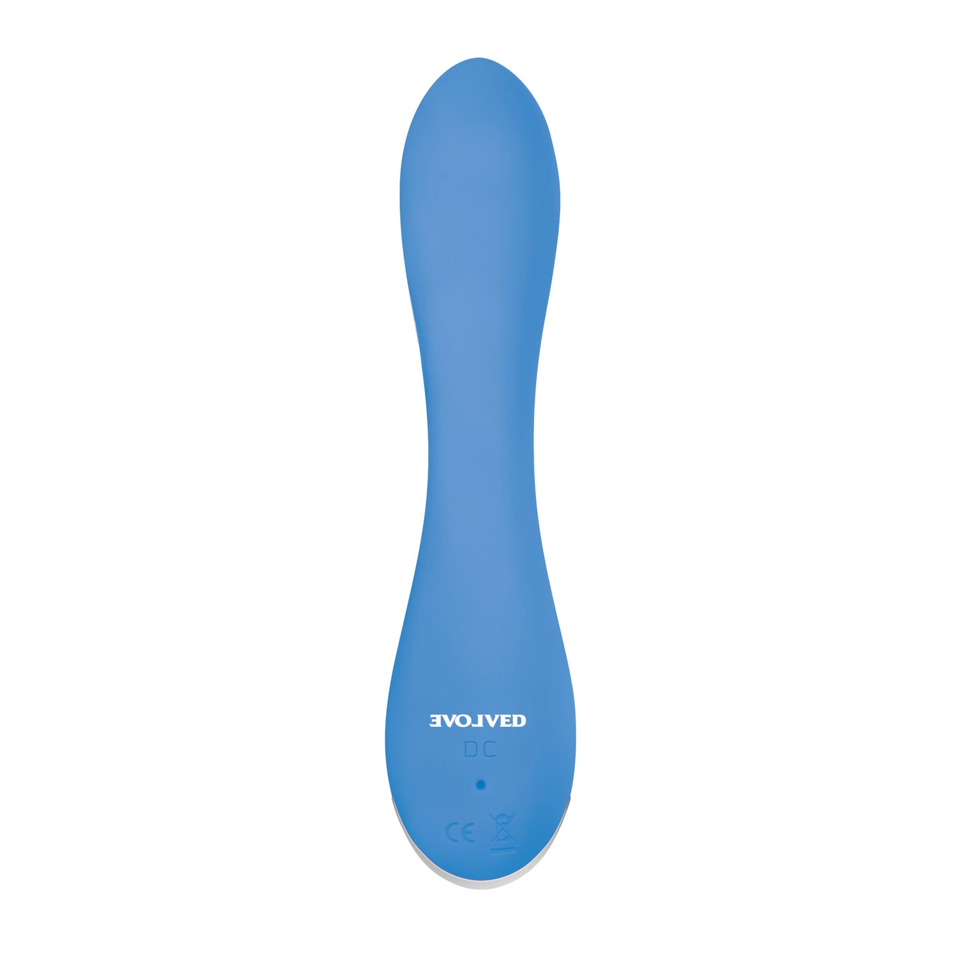A blue, curved vibrator with "EVOLVED" and "DC" printed on the base.