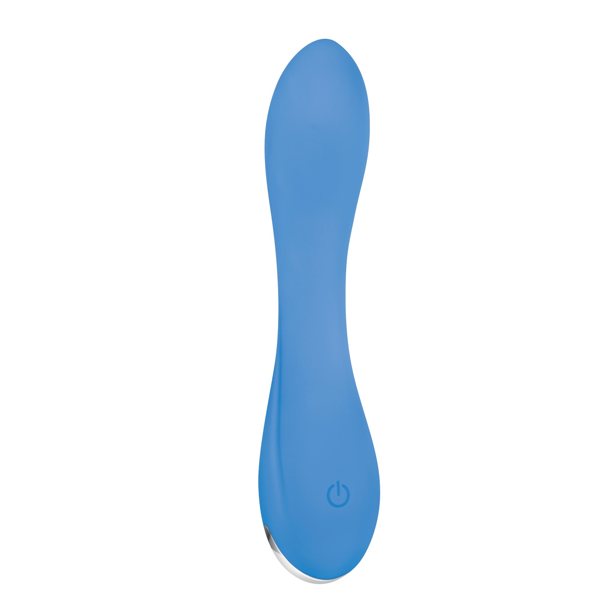 Blue silicone G-spot vibrator with a power button.