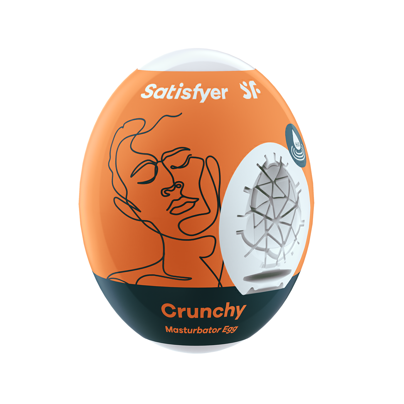 Orange and dark gray Satisfyer masturbator egg with a line drawing of a face and textured opening.