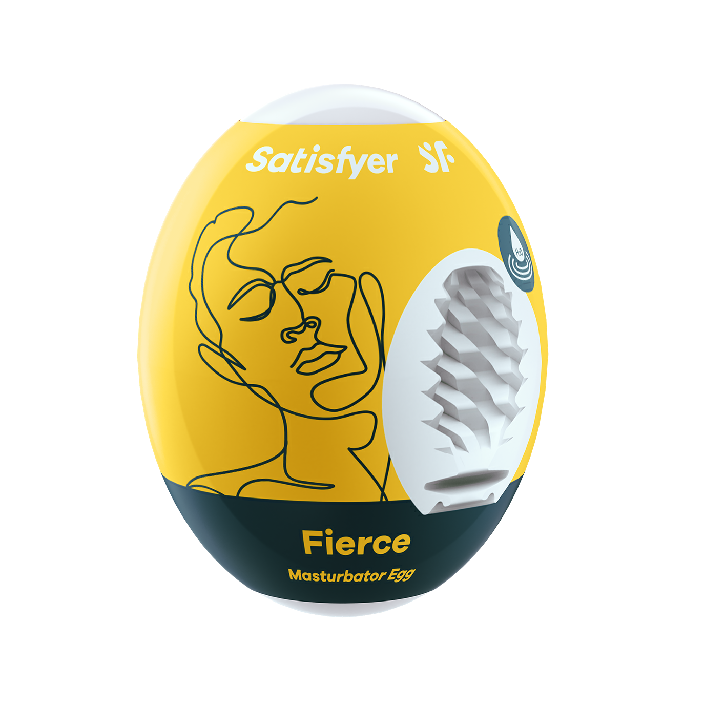 Yellow egg-shaped masturbator with a line drawing of a face and textured interior.