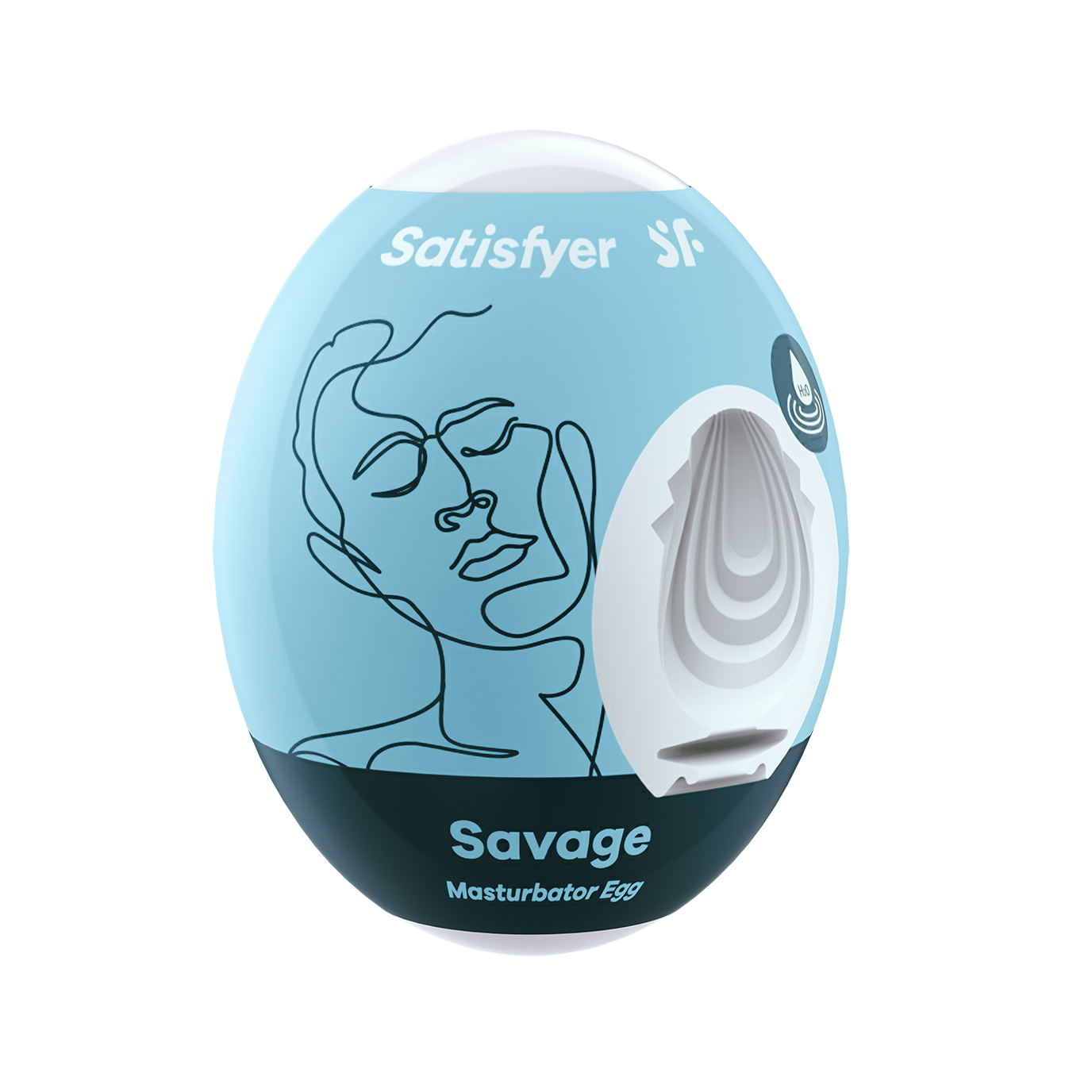 Satisfyer Savage Masturbator Egg with a line drawing of a face and textured interior.