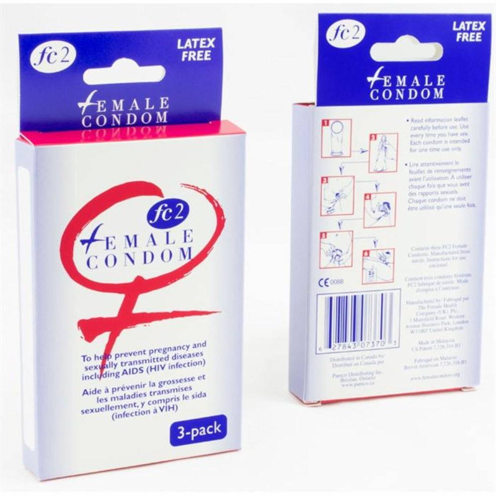 FC2 Female Condom 3-pack box with latex-free branding.