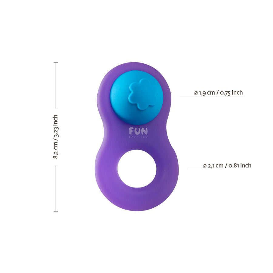 Purple silicone cock ring with a blue flower-shaped bud and measurement indicators.