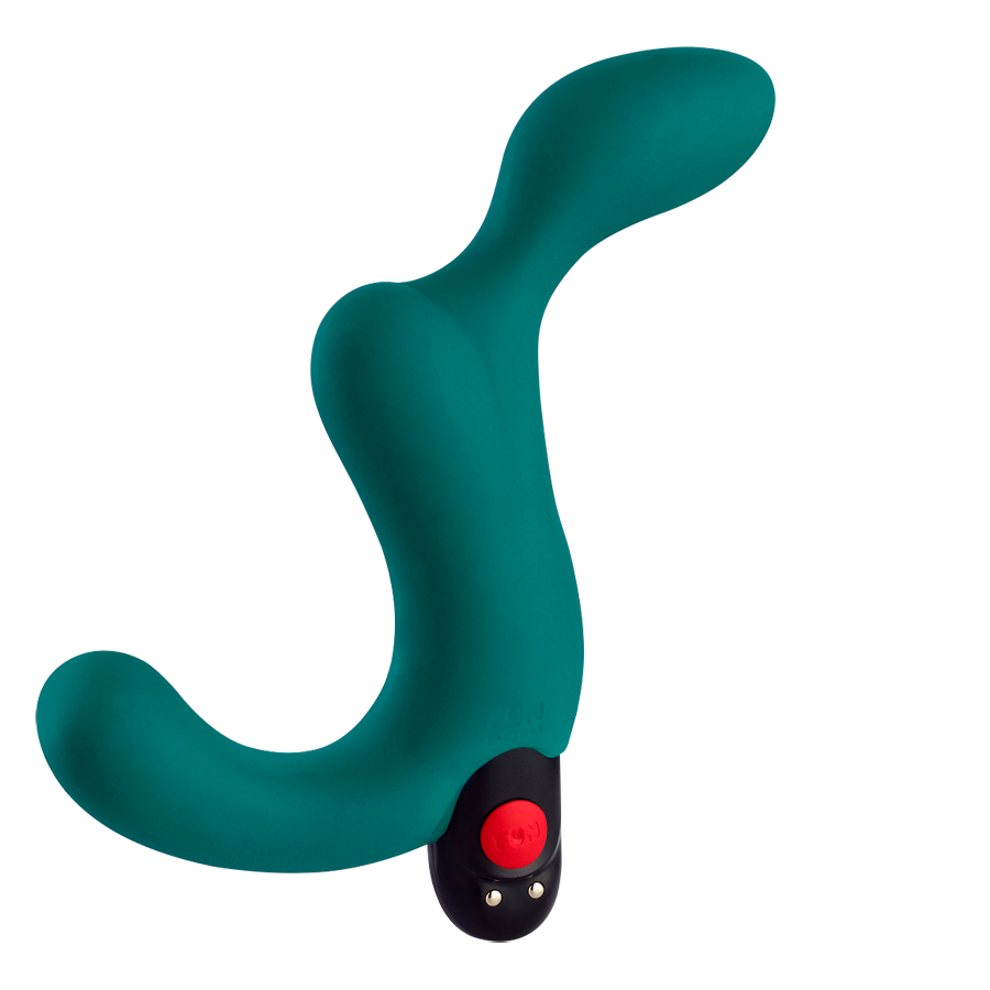 A teal vibrating prostate plug with a red button and two small gold dots.