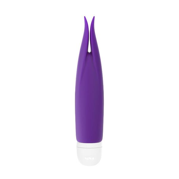 Purple and white clitoral vibrator with fluttering tips.