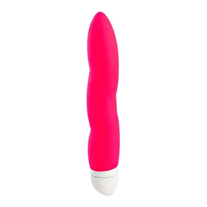 A bright pink vibrator with a white base.