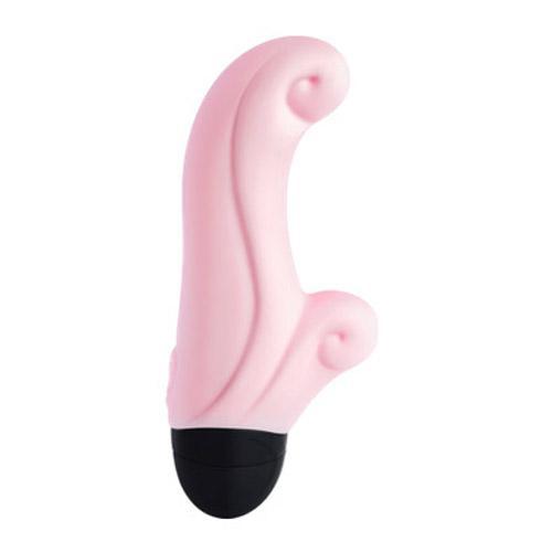 A pink curved vibrator with a black base.