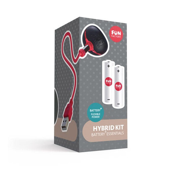 Fun Factory Hybrid Kit with two rechargeable batteries and a USB charging cable.