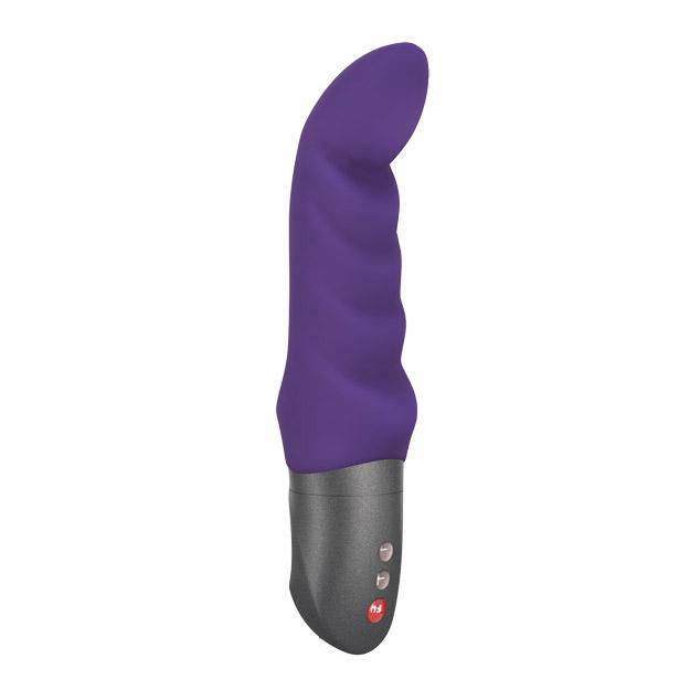 Purple G-spot vibrator with a textured shaft and grey base.