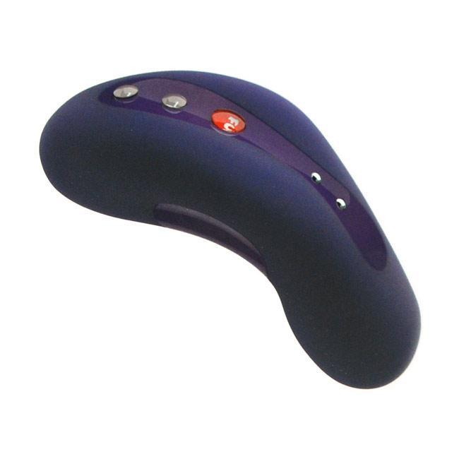 A dark purple curved vibrating massager with three buttons.