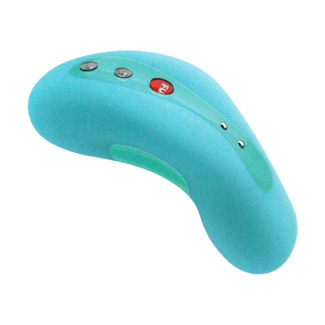A teal curved vibrating massager with three buttons and a red "FU" button.